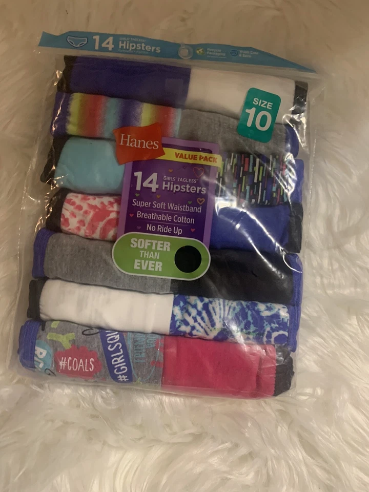 Hanes Girls Hipster Size 10 Tagless Underwear 14 Pack Cotton Soft Unopened