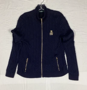 Ralph Lauren Monogram Crest Zopfmuster Pullover Damen Large Mock Navy Blau Gold - Bild 1 von 11