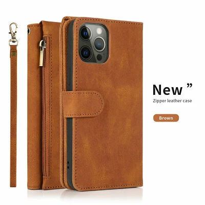 Para iPhone 15 14 12 Pro Max XS X XR SE 876 Cremallera Cartera Estuche Cuero Cubierta Abatible Foto 1 de 4