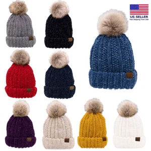 C.C Chenille Thick Cable Knit Faux Fuzzy Fur Pom Fleece Lined Skull Cuff Beanie - Picture 1 of 13