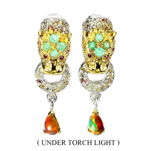 EMERALD, BLACK OPAL & SAPPHIRE 2-TONE TIGER EARRINGS 925 STERLING SILVER 14K YGP - Picture 1 of 3