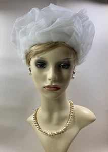 Vintage 1960s White Turban Jackie O Style Leaf Layered Chiffon Hat Fully Lined - Picture 1 of 20