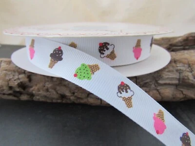 White Icecream Print Grosgrain Ribbon per metre - Image 1 of 2
