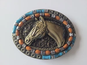Brass Finish 4" Buckle Western Belt Buckle W/ Turquoise Stone Big Horse - Picture 1 of 2