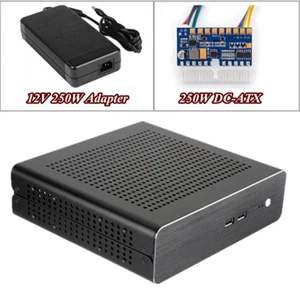 Black Aluminum Mini HTPC USB2.0 Computer Case with 12V 250W DC-ATX Power Supply - Picture 1 of 12