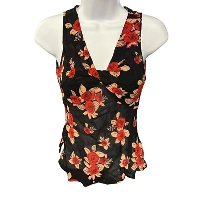 Camiseta sin mangas Charlotte Russe floral cuello en V sin mangas con cuentas estampado rosa negra talla M Foto 1 de 4