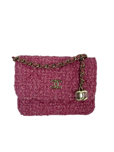 Borsa a tracolla Chanel tweed trapuntata mini patta rosa catena vita