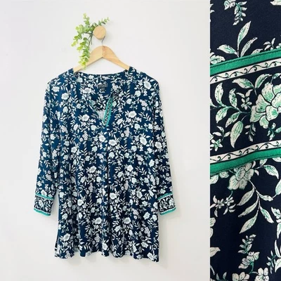 Туника J Jill Wearever рукав 3/4 с разделенным вырезом Lagenlook цветочный узор размер большой миниатюрный - Изображение 1 из 4