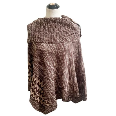 Boutique Knitted Pancho Tan Brown Aztec Design Size L/XL Cowl Neck Buttons - Image 1 of 4