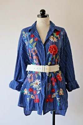 Рубашка топ женская Johnny Was Workshop синяя полоса хлопок цветочный узор птица вышивка XL - Изображение 1 из 4