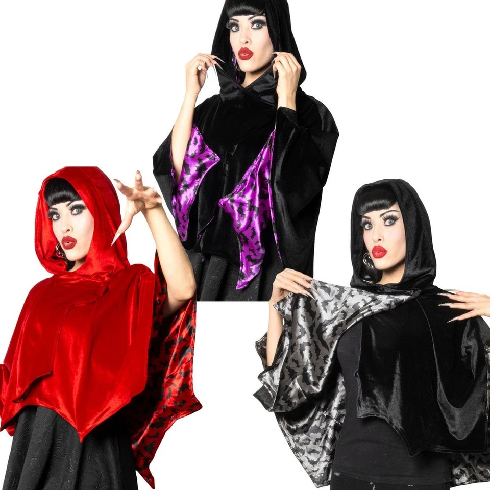 Capa corta forrada de murciélago de terciopelo Kreepsville 666 con capucha gótica Halloween S-XL, 2XL-4XL Foto 1 de 1