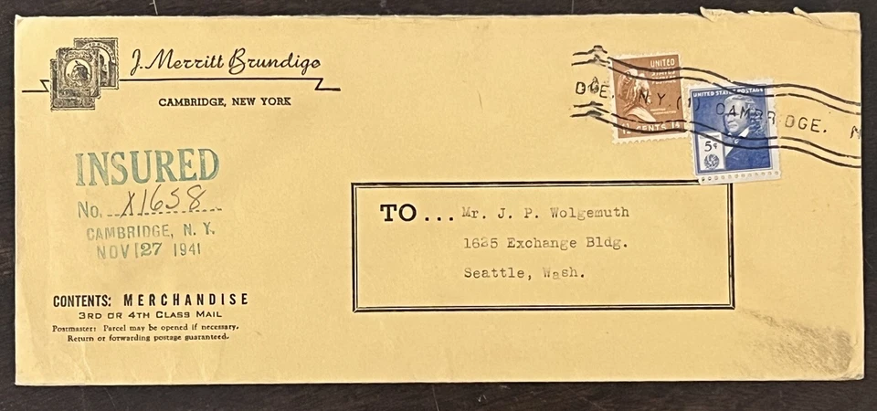 ERROR 1941 US INSURED COVER DEBRIS IN CANCEL MACHINE NEW YORK TO SEATTLE - Image 1 of 4