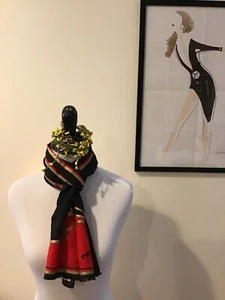 Vintage Maxim's de Paris Restaurant Black Red Gold Fringed Silk Scarf - Japan - Picture 1 of 5