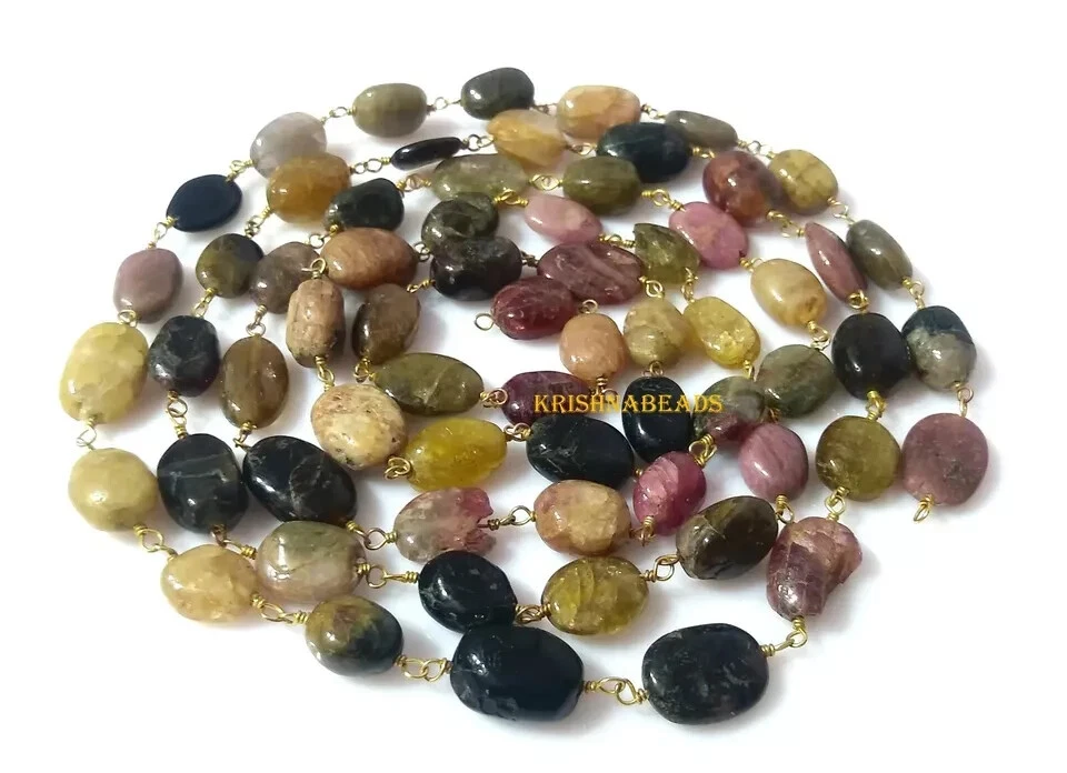 Cadena Natural Multi Turmalina Ovalada 6x9mm Rosario Cuentas Chapada en Oro 3 Pies Foto 1 de 4