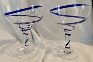 Lot of 2 Pier 1 Imports SWIRLINE Cobalt Blue Swirl 20 oz. MARGARITA GLASSES - Picture 1 of 4