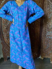 Boho Women's Blue Maxi Dress Paisley Print Long Tunic Midi Dresses Ethnic ML 
