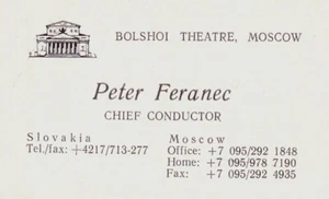 Tarjeta de visita del teatro Bolshoi director eslovaco Peter Feranec - Imagen 1 de 1
