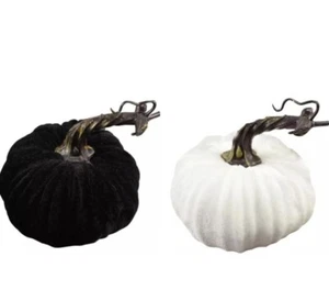 Fall Thanksgiving Velvet Pumpkins Home Decor Set Of 2 Halloween Decorations - Picture 1 of 5