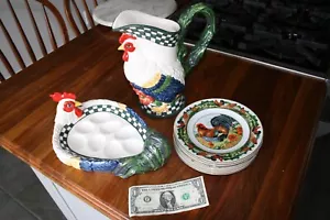 Department 56 Rooster Pitcher, Deviled Egg Dish & Six Plates - Picture 1 of 5