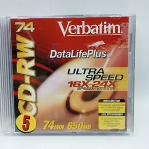 Verbatim CD-RW 74 DataLifePlus Ultra Speed 16X24X 74MIN 650MB 5 PACK - Picture 1 of 3