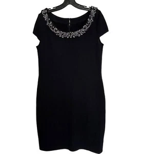 St. John Evening Black Knit Cocktail Dress White Rhinestone Sequin Women Size 10 - Picture 1 of 11