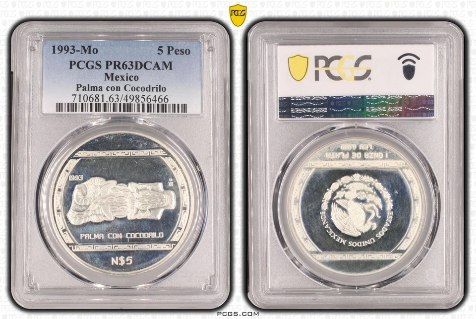 MEXICO SILVER 5 PESOS PROOF COIN 1993 YEAR KM#582 PALMA CON COCODRILO PCGS PR63 - Image 1 of 1