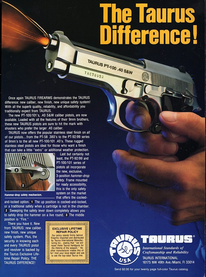 Pistola Taurus Modelo PT-100 1993 .40 S&W Anuncio impreso en color original Foto 1 de 1