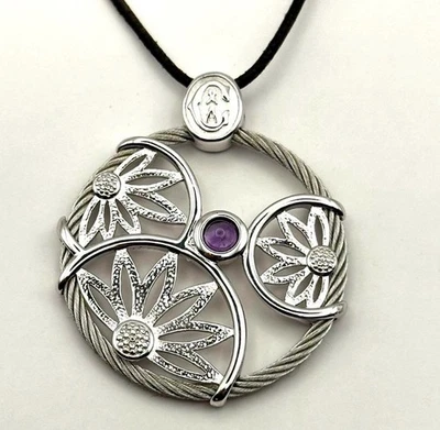 Collar colgante redondo de piedra púrpura patrón kimono cables alambre Philippe Charriol Foto 1 de 4