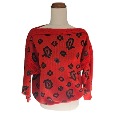 Vintage 80s Mondi West Germany Knit Sweater Jumper Red Black Size 36 Boxy Wide — 第 1/4 张图片