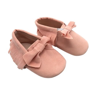 Baby Girls Moccasin Shoes Faux Suede Slip On Fringe Bow Pink Size 3 - Image 1 of 4