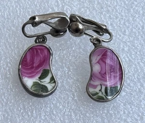 Vintage Broken China 925 Sterling Silver Rose Earrings Clip On #10 - Picture 1 of 7