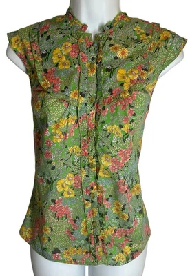 Top ODILLE Floral Volantes 10 M Botón Frontal Verde Amarillo Cottagecore Ligero Foto 1 de 4