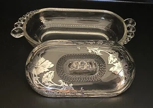 Vintage Covered Butter Dish By Duncan & Miller With Silver Floral Overlay - Picture 1 of 12