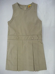 Girls R/K Khaki Bib Front W/t Kick Pleats Uniform Jumper Dress Reg&Half Sz 5 -16 - Picture 1 of 3