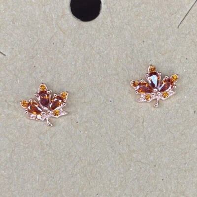 SP Earrings- Maple Leaf- Autumn, Fall- Simulated Orange CZ- Rose Gold/925 Silver - Image 1 of 4