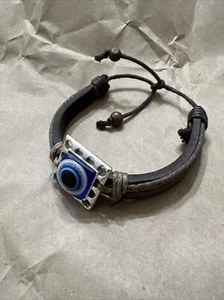 evil eye bracelet leather band Silver-tone Unisex Turkish Greek Ethnic Good Luck - Picture 1 of 5