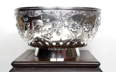 BONITO CUENCO ANTIGUO CHINO EXPORTACIÓN PATAS PLATA FIRMADO "WA" Foto 1 de 4