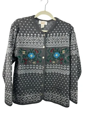 Tally Ho Vintage Cardigan Sweater Acrylic Nordic Floral Print Button Sz M Womens - Image 1 of 4