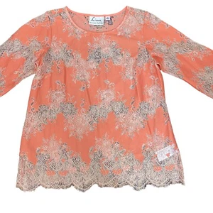 Linea by Louis Dell Olio Womens Blouse Sz 4 Peach Tan Lace 3/4 Sleeve Sheer Top - Picture 1 of 11