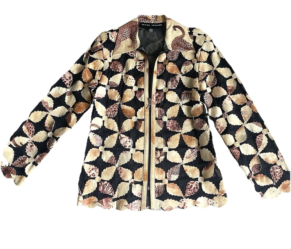 Jaqueta Image Couro Folha Tamanho Pequeno Folhas Recortes Malha Zíper Completo Gola - Imagem 1 de 4