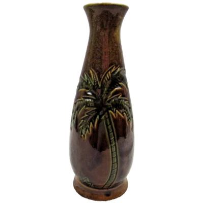 Jarrón Tiki Tropical Marrón Cerámica 8.5 Pulgadas Grabado Palmera Escena Playa Foto 1 de 4