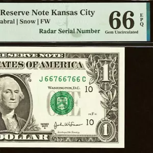 2003A $1 FRN PMG Gem 66EPQ - Fancy Radar Serial Number 66766766 - Picture 1 of 3