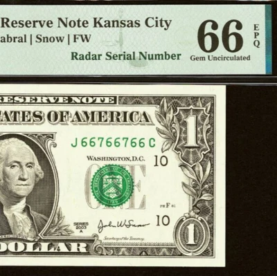 2003A $1 FRN PMG Gem 66EPQ - Fancy Radar Serial Number 66766766 - Image 1 of 3