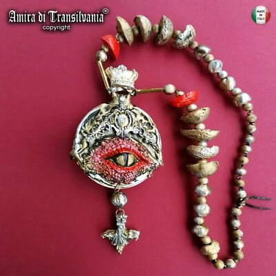 occhio dragone corona drago collana pendaglio gioiello legno naturale steampunk - Immagine 1 di 4