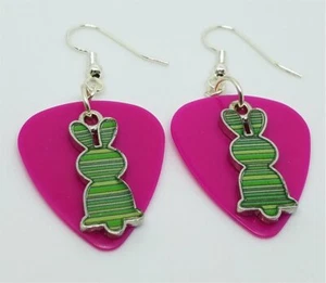 Green Striped Easter Bunny Charm Guitar Pick Earrings Surgical Steel Earwires - Picture 1 of 9