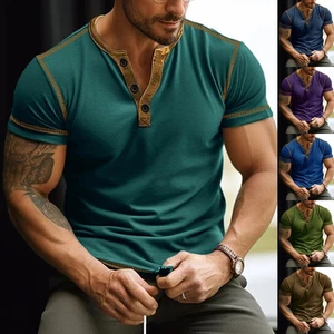 Men Slim Fit Short Sleeve T Shirts Mens V Neck Work Casual Summer Tops Button - Picture 1 of 14