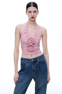 Magda Butrym x H&M Rose-Appliquéd Light Pink Halterneck Top Applique - All Sizes - Picture 1 of 4