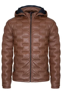 Men's Puffer Leather Biker Jacket Tan Brown Quilted Warm Bomber Hooded Jacket - Picture 1 of 5
