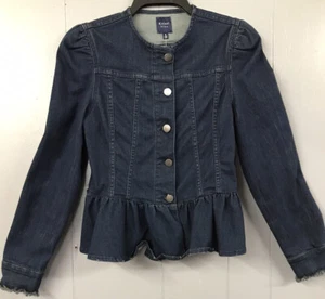 KAARI blue Jean Jacket. Dark Wash. Peplum. Fringe Sleeve Ends. Size Small. NWT. - Picture 1 of 10