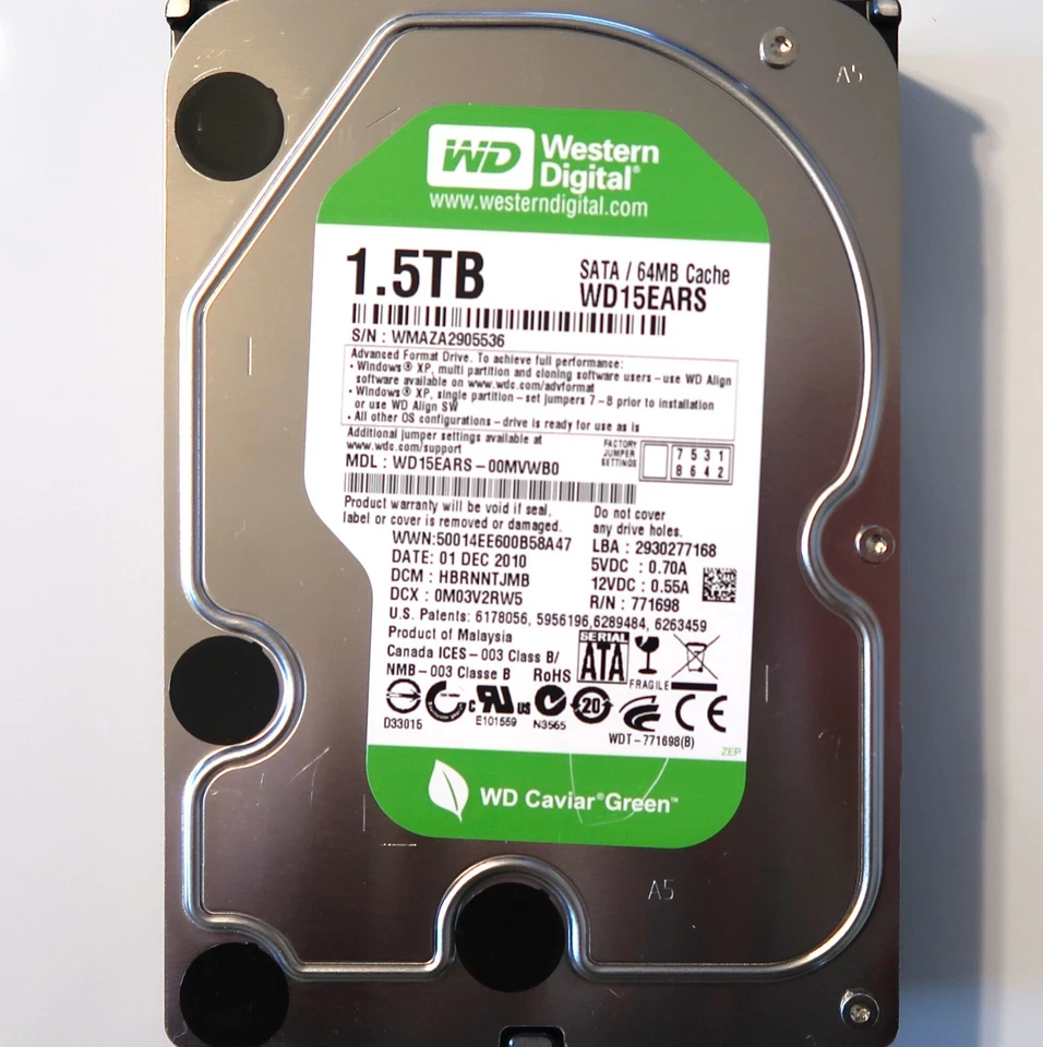 WD WD15EARS-00MVWB0 HBRNNTJMB (WMAZ) Malaysia 1.5TB 3.5" Sata HDD DEC/2010 - Image 1 of 1